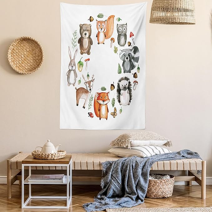 Lunarable Woodland Tapestry, Animals of The Forest Mushrooms Acorns Circular Frame Cartoon Pastel Colors, Wall Hanging for Bedroom Living Room Dorm Decor, 40" X 60", Multicolor
