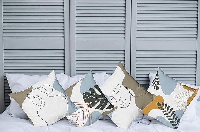 Ambesonne Minimal Throw Pillow Cushion Case Pack of 4, Modern Line Art Woman Portrait with Contemporary Leafy Geometric Details, Modern Accent Double-Sided Digital Printing, 18", Baby Blue Taupe Amber