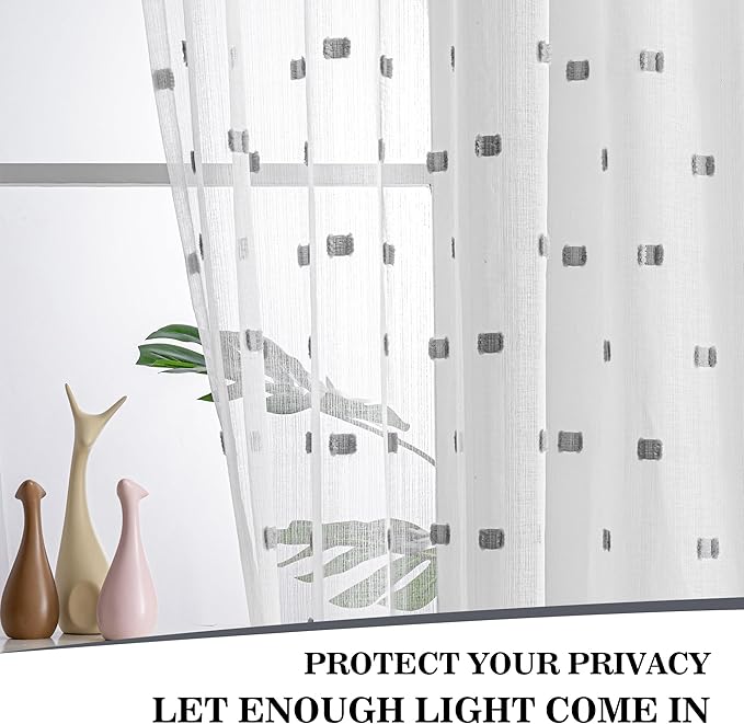 MYSKY HOME White Curtains for Bedroom 72 Inch Length Long Sheer Curtains for Kids Room Nursery Curtains with Grey Patched Design Rod Pocket Privacy Window Drapes Dining Room 52" x 72" 2 Panels
