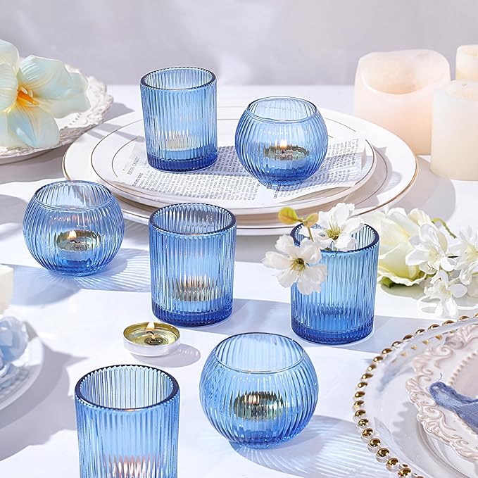 30pcs Assorted Ribbed Blue Votive Candle Holders, Blue Candle Holders for Wedding Table Centerpiece, Tea Light Candle Holder for Bridal Shower, Propose Party, Brithday and Holiday Decorations