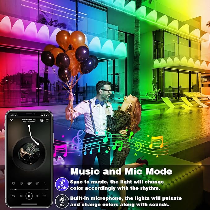 300Ft Outdoor LED Strip Lights Waterproof,Music Sync RGB IP68 Outside Led Light Strips Waterproofs with App and Remote,Exterior Led Rope Lights Waterproof for Deck,Balcony,Roof,Garden,Pool