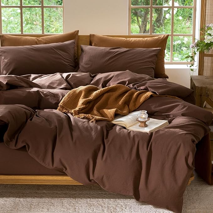MooMee Bedding Duvet Cover Set 100% Washed Cotton Linen Like Textured Breathable Durable Soft Comfy (Solid Cocoa Brown, Twin 68"x90")