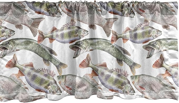 Ambesonne Fishes Window Valance, Watercolor Common Carp Perch and Bass Freshwater Animals Themed Seafood Drawing, Curtain Valance for Kitchen Bedroom Decor with Rod Pocket, 54" X 18", Pale Blue Grey