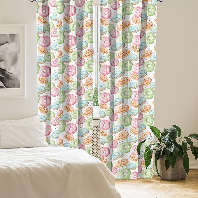 Ambesonne Watercolor Window Curtains, Delicious Donuts Pattern Various Flavors Sprinkles Stars Background, Lightweight Decor 2-Panel Set with Rod Pocket, Pair of - 28" x 84", Pale Fern