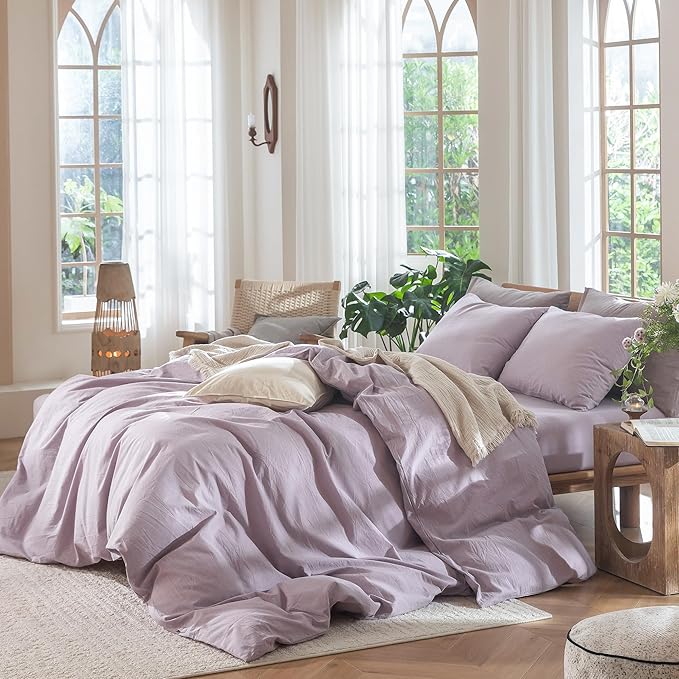 MooMee Bedding Duvet Cover Set 100% Washed Cotton Linen Like Textured Breathable Durable Soft Comfy (Heathered Light Purple, Full 80"x90")