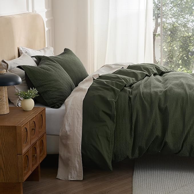 Bedsure 100% Cotton Duvet Cover Queen Size with Fitted Sheet - 4 Pieces Olive Green Waffle Weave Bedding Set, GentleSoft™ and Breathable, Includes 1 Duvet Cover 90x90, 1 Fitted Sheet, 2 Pillow Shams