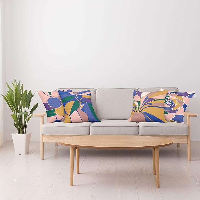 Ambesonne Floral Throw Pillow Cushion Case Pack of 4, Abstract Flowers and Petals with Exotic Vibes Colorful Modern Style, Modern Accent Double-Sided Digital Printing, 18", Rose Dark Violet Mustard