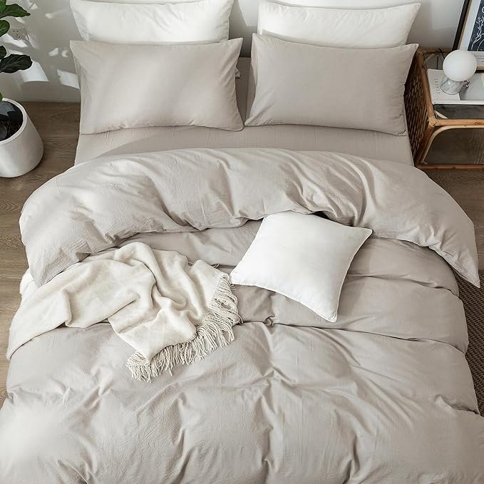 MooMee Bedding Duvet Cover Set 100% Washed Cotton Linen Like Textured Breathable Durable Soft Comfy (Heathered Cream Grey, Super Queen 90"x98")