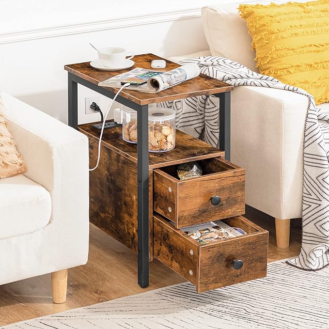 HOOBRO End Table with Charging Station, Narrow Side Table with 2 Drawer & Power Outlets, Nightstand Small Spaces, Rustic Brown and Black BF541BZP201