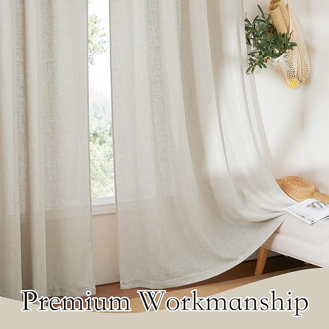 RYB HOME Extra Long Curtains - Solid Linen Curtains Breezy Hazy Vision Window Decor for Bedroom Canopy Bed Bathroom High Ceiling Sliding Glass Door Sheer Backdrop, 52 x 95, 1 Pair, Angora