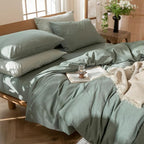 MooMee Bedding Duvet Cover Set 100% Washed Cotton Linen Like Textured Breathable Durable Soft Comfy (Heathered Green, Palatial King/Oversized King 120"x98")