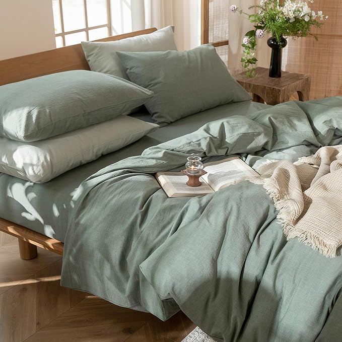 MooMee Bedding Duvet Cover Set 100% Washed Cotton Linen Like Textured Breathable Durable Soft Comfy (Heathered Green, Cal King 104"x98")