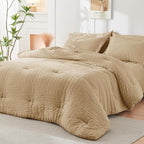 HYMOKEGE Khaki Full Size Comforter Sets Seersucker 7 Pieces, All Season Luxury Bed in a Bag for Bedroom, Bedding Set with Comforter, Sheets, Pillowcases & Shams