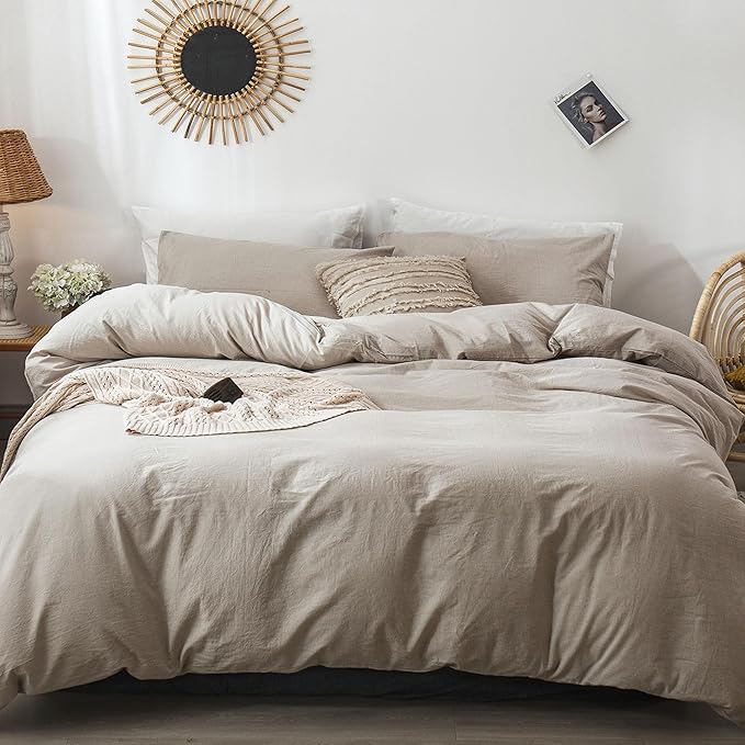 MooMee Bedding Duvet Cover Set 100% Washed Cotton Linen Like Textured Breathable Durable Soft Comfy (Heathered Tannish Linen Grey, Super Queen 90"x98")