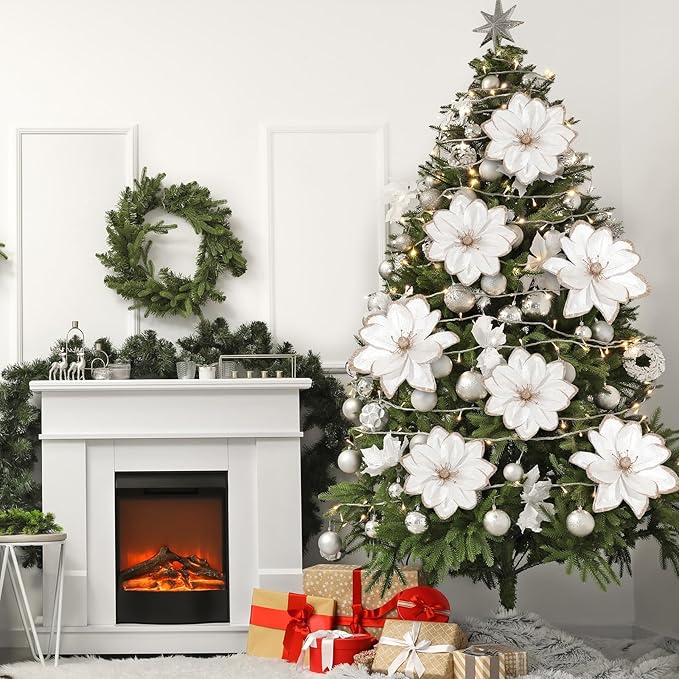 8 Pcs Large Christmas Flower Magnolia Flowers Christmas Tree Decoration Artificial Poinsettia Stems Velvet Xmas Ornaments for Xmas Tree Table Decor(White,16 Inch)