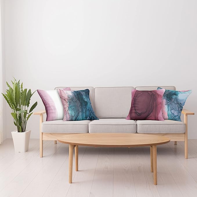 Ambesonne Marble Print Throw Pillow Cushion Case Pack of 4, Watercolor Effect Brushstrokes Stains and Hues Modern Bicolour, Modern Accent Double-Sided Digital Printing, 18", Petrol Blue and Dried Rose
