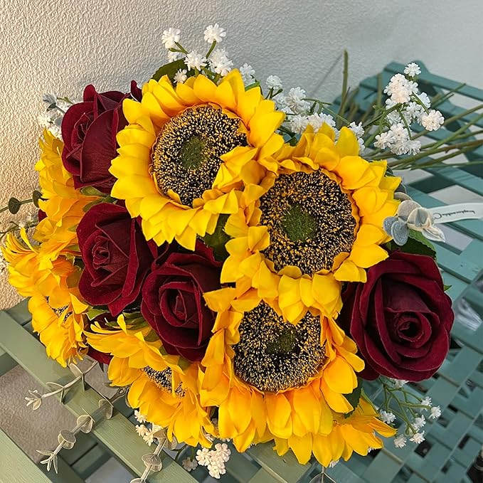 24PCS Fake Rustic Combination Flowers Artificial Fall Decor Long Single Stem Flower Include Sunflowers Babys Breath Burgundy Roses and Green Eucalyptus Stems for Wedding Home Party Decor