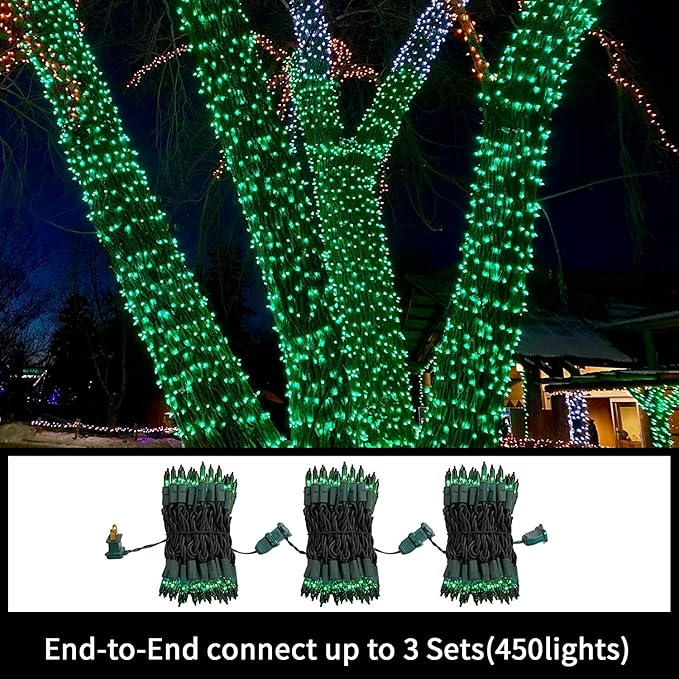 LAMPHOME Super-Bright Extendable Green Christmas Lights Decoration 300Lights 63.8ft(2pk of 150L) UL Certified Mini Bulb String Lights Set for Outdoor Christmas Tree Garden Holiday Party Patio Decor