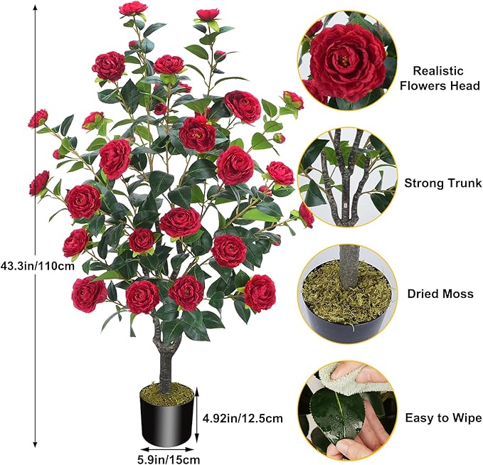 3.6FT Artificial Camellia Fake Tree, Artificial Plants & Flowers with 32 Red Flowers for Door Front Decoration Porch Patio Living Room Office Indoor Outdoor Decoration (Contains Dried Moss)
