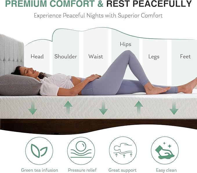 Queen Mattress in a Box, 12 inch Mattresses for Platform Bed Double Size Daybed, Green Tea Memory Foam Mattress for Cool Sleep & Pressure Relief, Medium Firm