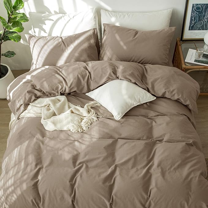 MooMee Bedding Duvet Cover Set 100% Washed Cotton Linen Like Textured Breathable Durable Soft Comfy (Solid Mocha Brown, Super King 108"x98")