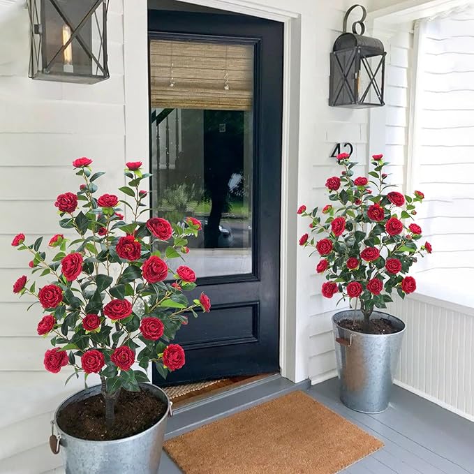 3.6FT Artificial Camellia Fake Tree, Artificial Plants & Flowers with 32 Red Flowers for Door Front Decoration Porch Patio Living Room Office Indoor Outdoor Decor (2PCS Contains Dried Moss)