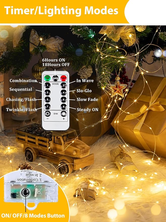 3 Pack 60LED Christmas Battery Operated Fairy Lights with Remote, 8 Modes String Lights with Timer, Dimmable, Memory Function, Waterproof Twinkle Lights for Outdoor Indoor Christmas Decor(Warm White)