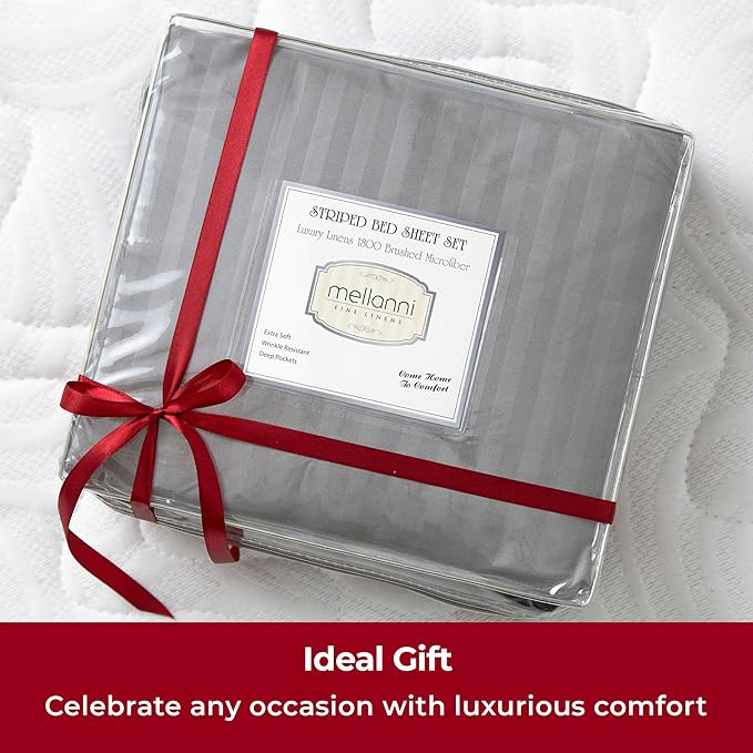 Mellanni Twin Sheets Set - 3 PC Iconic Collection Bedding - Hotel Luxury, Extra Soft, Cooling Bed Sheets - Wrinkle, Fade, Stain Resistant (Twin, Striped Gray/Silver)