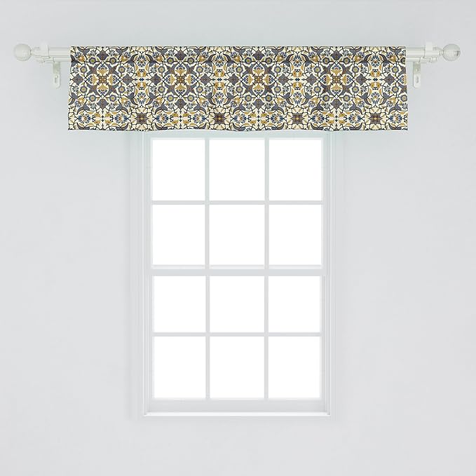 Ambesonne Turkish Pattern Window Valance Pack of 2, Flowers in and Traditional Style, Rod Pocket Curtain Valances for Kitchen Bedroom, 54" X 12", Earth Yellow Slate Blue
