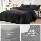 HYMOKEGE Black/Light Grey Twin Comforter Set Seersucker 5 Pieces, All Season Luxury Bed in a Bag for Bedroom, Bedding Set with Comforter, Sheets, Pillowcase & Sham