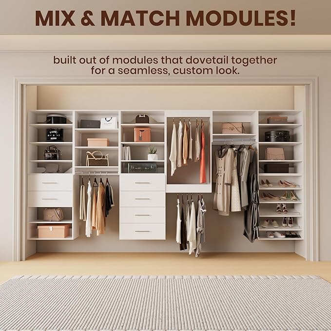 ROOMTEC 28.5" Medium Hanging Closet Unit, Modular Closet System with Hanging Rod, Wardrobe Organizer for Bedroom or Walk-in Closet, Wall Mounted, Customizable Clothes Storage Unit, White