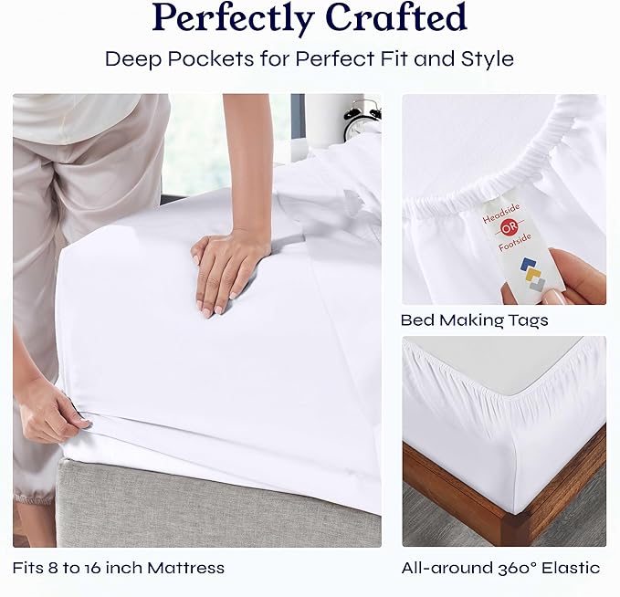California Design Den 6 Pc King Size Sheet Set with 4 Pillowcases - Soft 400 Thread Count 100% Cotton Sheets, Sateen, Deep Pockets with All Around Elastic, Cool & Durable Bedding Set - White