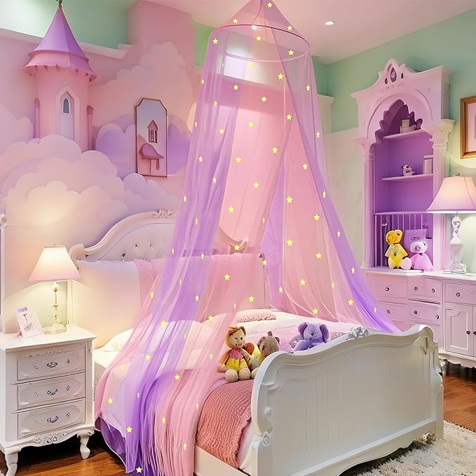 Eimilaly Two-Tone Bed Canopy Stars Glow in The Dark Pink Purple, Mosquito Net Bed Canopy for Girls Room Decor, Single Door