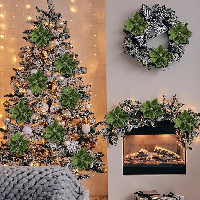 8 Pcs Large Christmas Flower Magnolia Flowers Christmas Tree Decoration Artificial Poinsettia Stems Velvet Xmas Ornaments for Xmas Tree Table Decor (Forest Green,12 Inch)