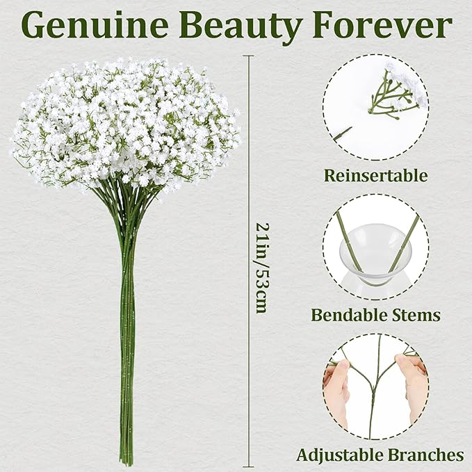 50 Pcs Babys Breath Artificial Flowers, Baby Breath Flowers Artificial Bulk, Real Touch White Fake Flowers, Faux Babies Breath Gypsophila for Wedding Home Decor Floral Arrangement