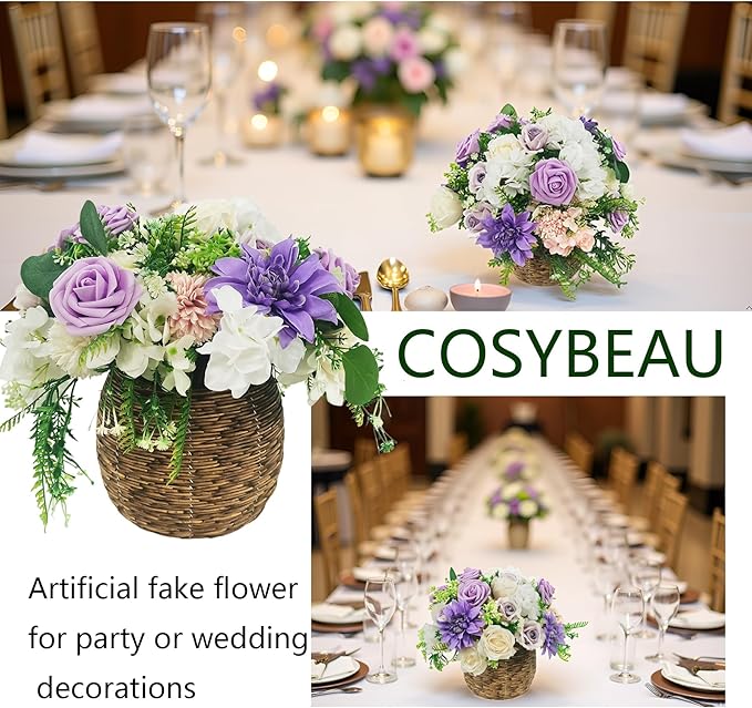 Artificial Fake Flowers 27pcs Roses, Mixed White & Purple Faux Flower for DIY Wedding Bouquet Bridal Shower Centerpieces Floral Arrangements Party Table Home Decorations