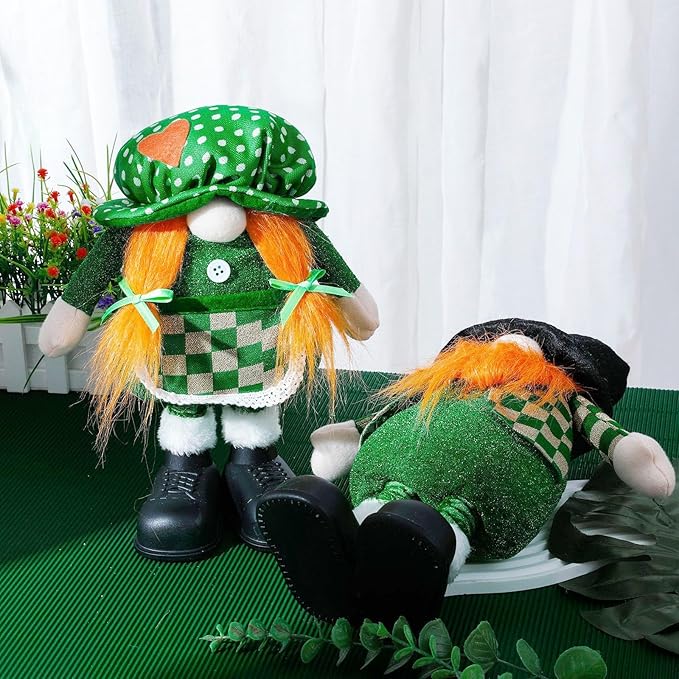 Standing St.Patrick's Day Gnome Plush Doll with Retractable Legs Nordic Scandinavian Swedish Dwarf Gnome Figurines Wearing Glitter Clothes & Black Boots Lucky Green Shamrock Irish Table Decor (2PCS)