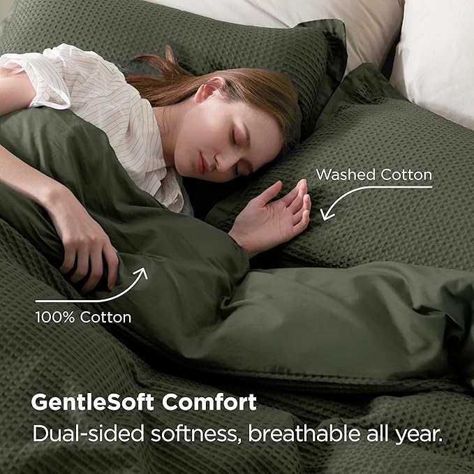 Bedsure 100% Cotton Duvet Cover Queen Size with Fitted Sheet - 4 Pieces Olive Green Waffle Weave Bedding Set, GentleSoft™ and Breathable, Includes 1 Duvet Cover 90x90, 1 Fitted Sheet, 2 Pillow Shams