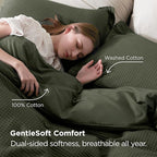 Bedsure 100% Cotton Duvet Cover Queen Size with Fitted Sheet - 4 Pieces Olive Green Waffle Weave Bedding Set, GentleSoft™ and Breathable, Includes 1 Duvet Cover 90x90, 1 Fitted Sheet, 2 Pillow Shams
