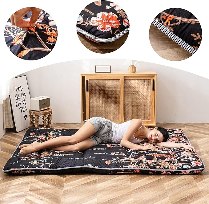 MAXYOYO Black Floral Japanese Futon Floor Mattress, Bed Mattress Topper Portable Thick Sleeping Pad Floor Bed Roll Up Camping Mattress Folding Couch Bed Mattress Pad for Guest Room, Queen