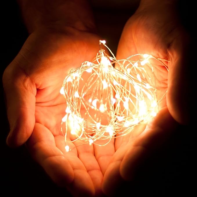 30 LEDs Warm White Color String Lights Silver Wire Indoor and Outdoor 9.5 Feet Firefly Starry Fairy Lights Battery Powered for DIY, Christmas, Holidays, Party, Bedroom and Centerpieces