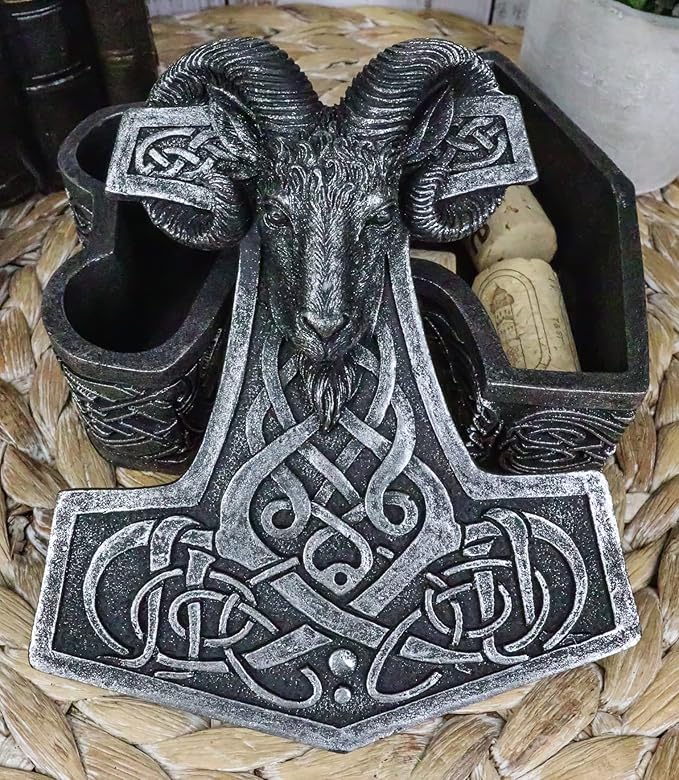 Ebros Gift Viking Ram Skull Thor Hammer Mjolnir with Runes Knotwork Decorative Jewelry Box Figurine Norse God of Thunder Scandinavian Mythology Collectible Trinket Stash Boxes