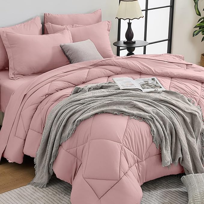 HEVUMYI Rose Gold Twin-XL Comforter Set - 5-Piece All Season Bed in a Bag Twin-XL, Ultra Soft Bedding Set with Comforter, Flat Sheet, Fitted Sheet, Pillowcases, Pillow Shams