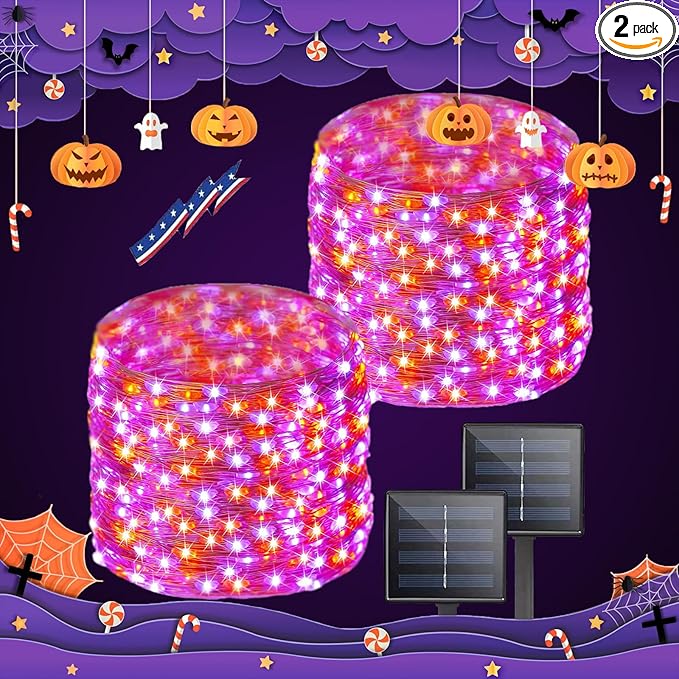 Purple and Orange Halloween Solar String Lights Outdoor, 2 Pack 80FT 200LED Solar Twinkle Lights Outside Waterproof, Copper Wire 8 Modes Lights for Halloween Decoration Outdoor