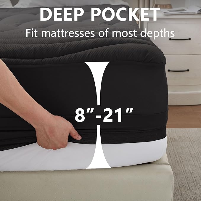 Queen Size Mattress Pad Waterproof, Pillow Top Cooling Mattress Topper Cover, Quilted Fitted Mattress Protector Washable, Deep Pocket 8-21" (60x80 inch, Black)