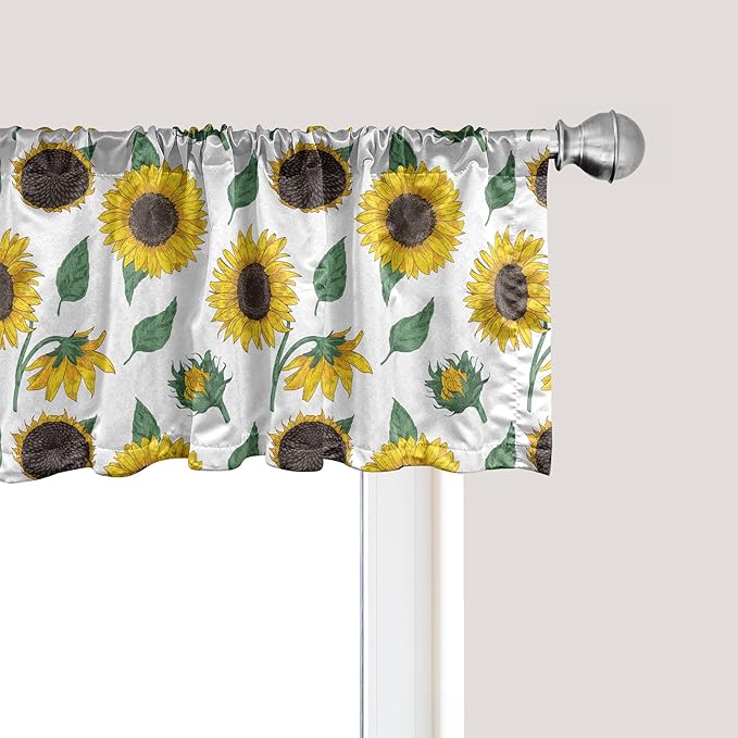 Ambesonne Sunflower Window Valance, Agricultural Pattern Botanical Inspiration Hand-Drawn Flowers, Curtain Valance for Kitchen Bedroom Decor with Rod Pocket, 54" X 18", Reseda Green Dark Brown