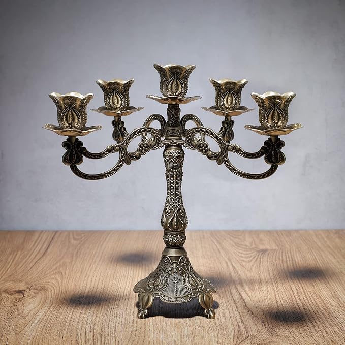 5-Candle Metal Candelabra 10.3 Inch Tall Candlestick Candle Holders for Home Decor Wedding Christmas Church Halloween Party,Bronze Tulip