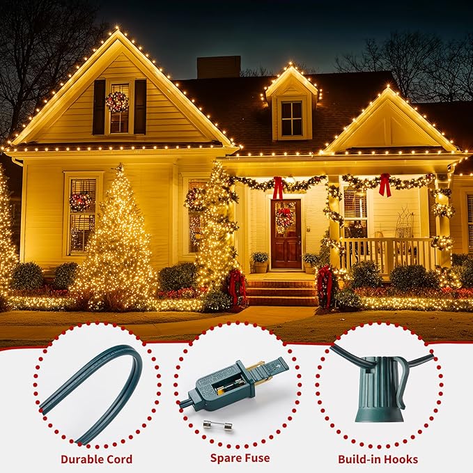 C9 Christmas Lights Outdoor 50FT Warm White Clear Haning Vintage C9 String Lights for Christmas Tree Indoor Room Outdoor Roof Patio Party Xmas Home Decoration, 50 +2 Bulbs, E17 Base, Green Wire