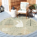 Round Rugs Forest Funny Rabbits Hand Drawn for Kids Fabric Wrapping Boho Area Rug Linen and Cotton Carpet Meditation Washable Hallway Runner Mat Accent Bedroom Bathroom 4ft, Multi2