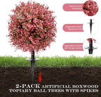 2 Pack 23” Artificial Topiary Bushes for Outdoors Fall Decorations with 7.8” Spike, Red Boxwood Ball Fake Shrubs UV Resistant Faux Plants for Indoor Outdoor Garden Entryway Front Porch Decor